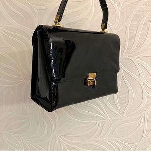 Vintage Patent Leather Handbag with Brass Clasp